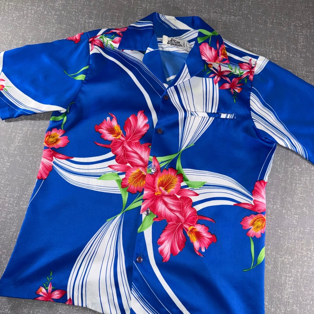 Hilo Hattie Mens Hawaiian Shirt Blue Pink Floral Orchid Aloha Camp Beach Hawaii